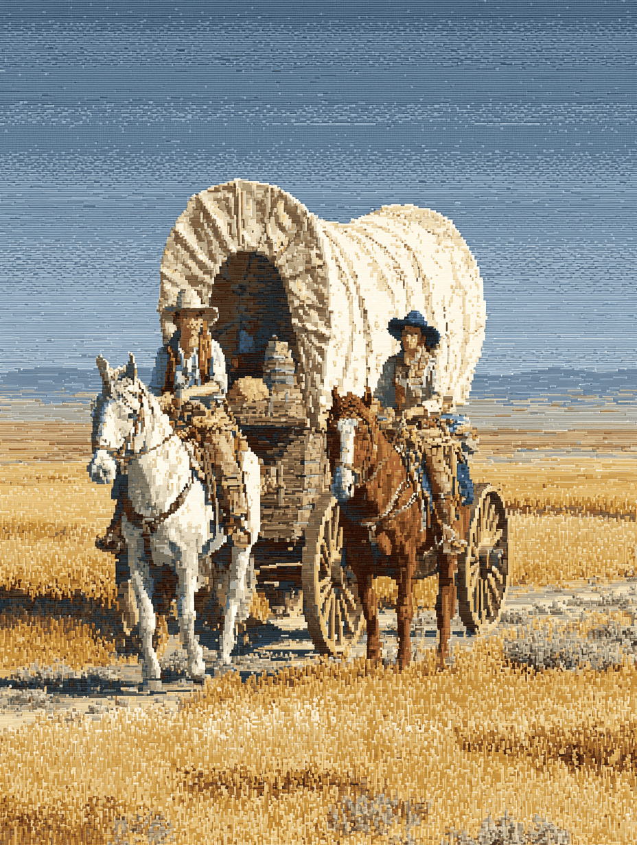 Members of an emigrant wagon train pause beside their oxen on the high plains.
