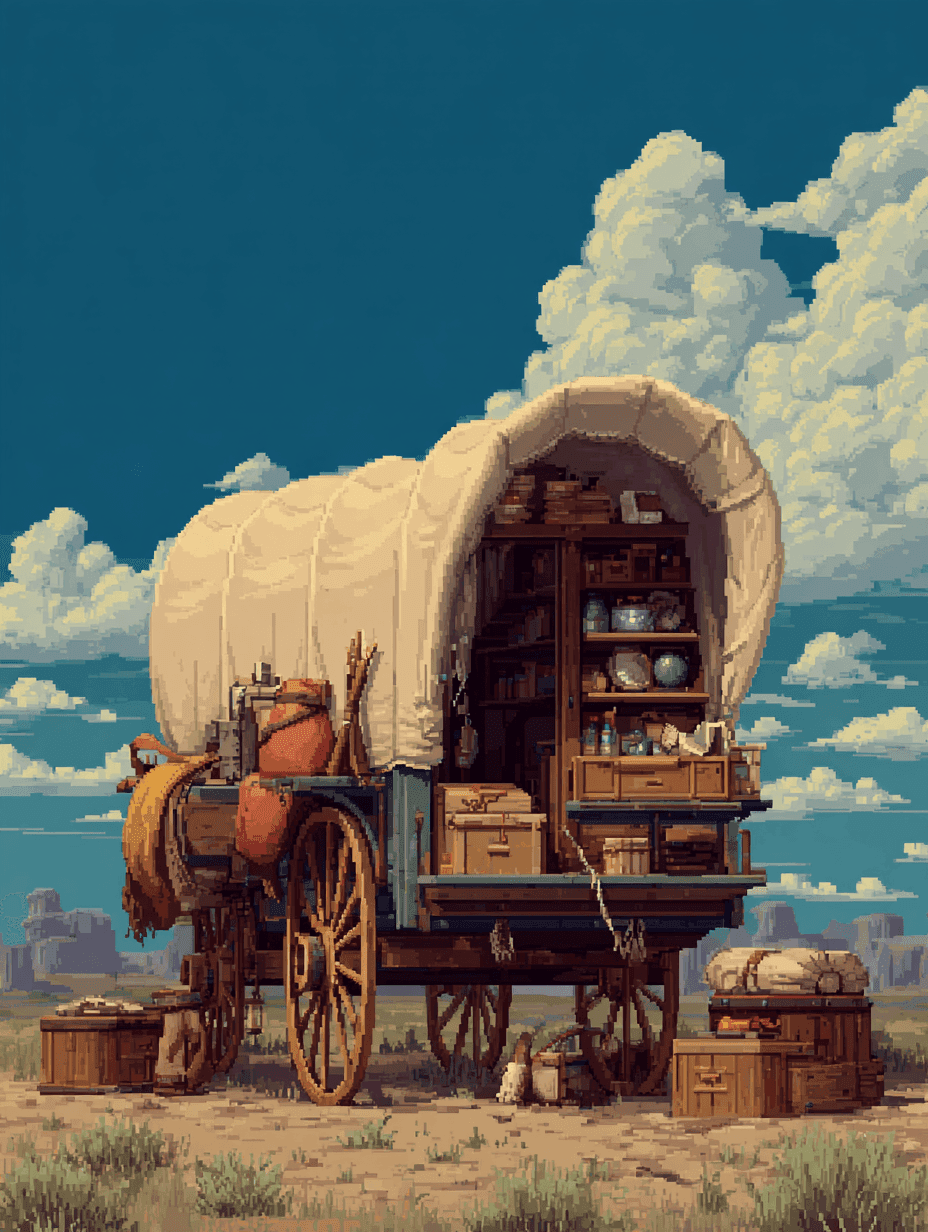A loaded prairie schooner stocked with flour barrels, bacon, water, and the rest of a six-month outfit.