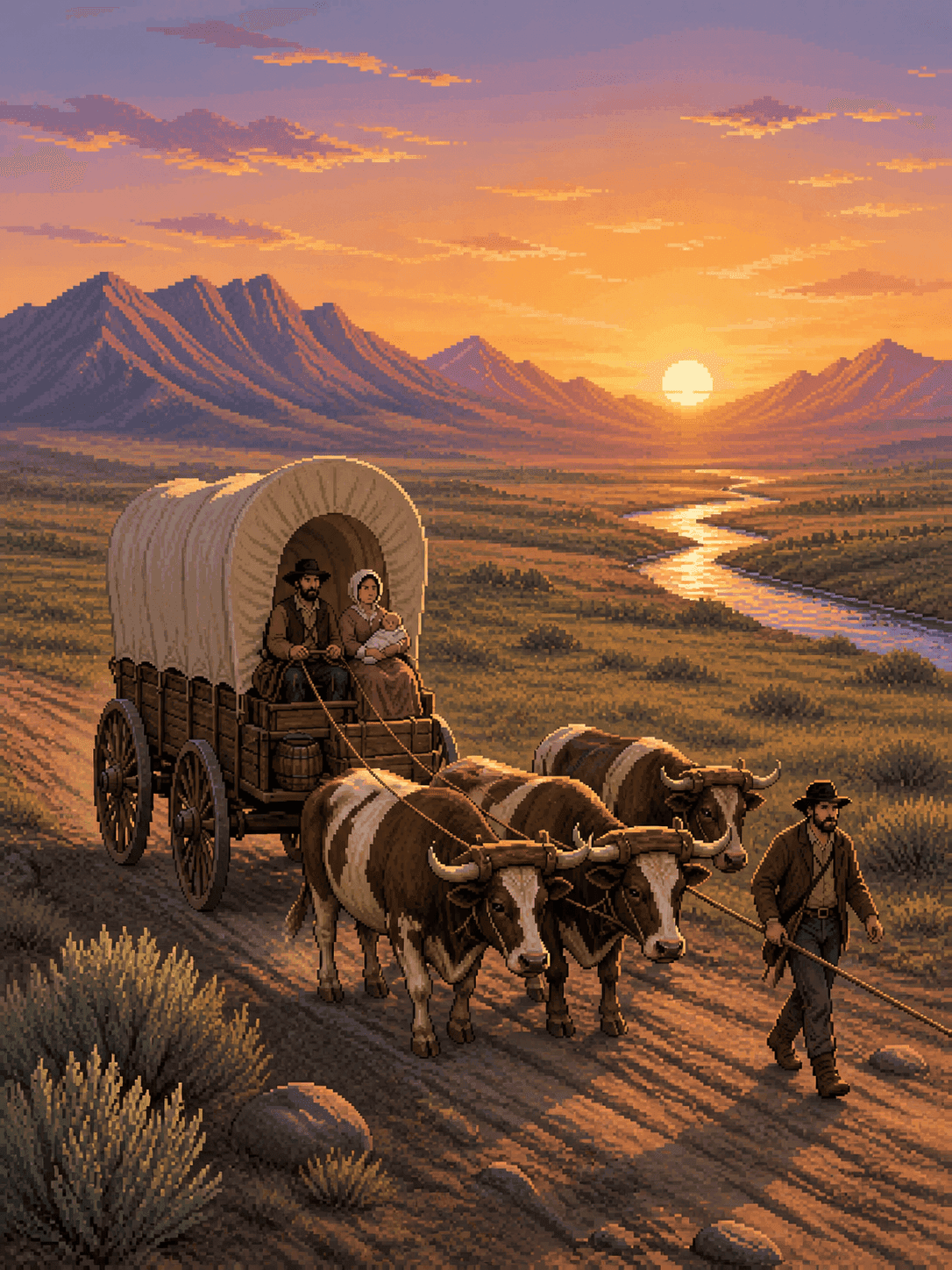 An emigrant wagon train rolling west at sunrise on the high plains.