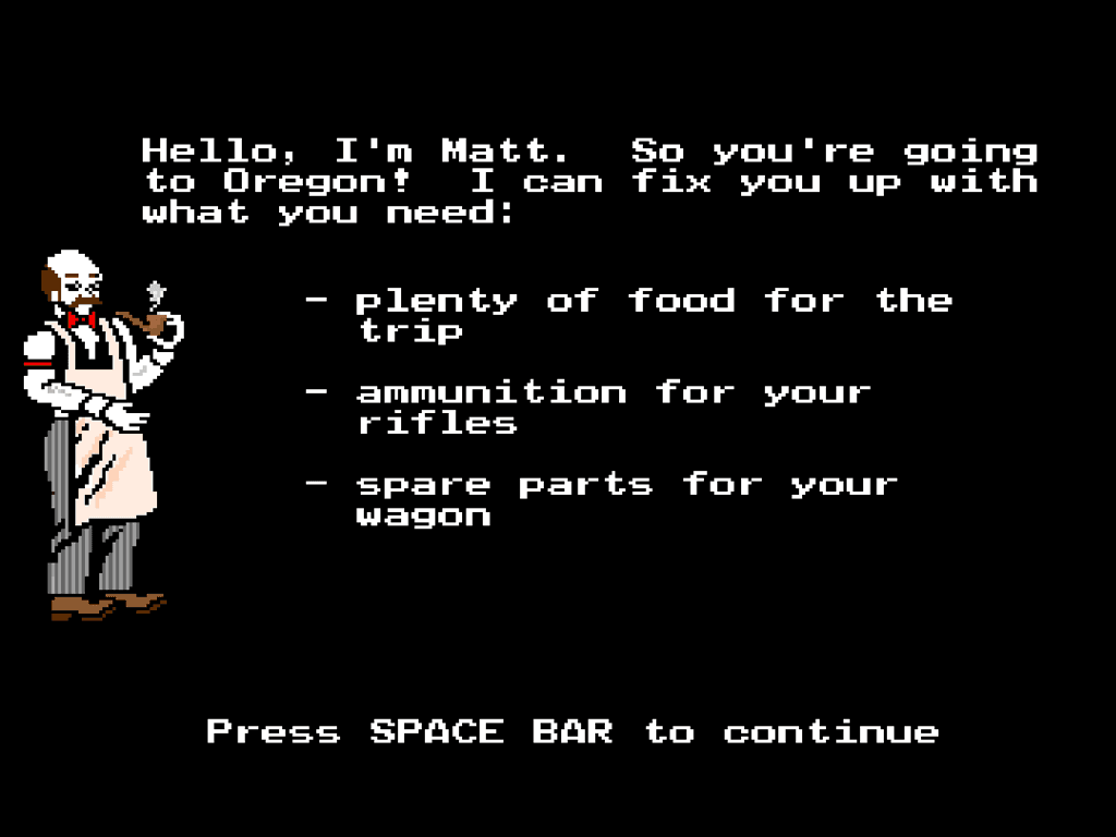 Matt's General Store in Independence, the shopkeeper's counter where players outfit their wagon before heading west.