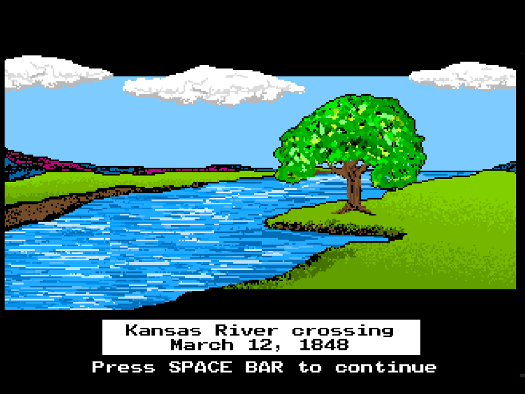 Kansas River crossing on March 12, 1848: a wagon party at a tree-lined riverbank.