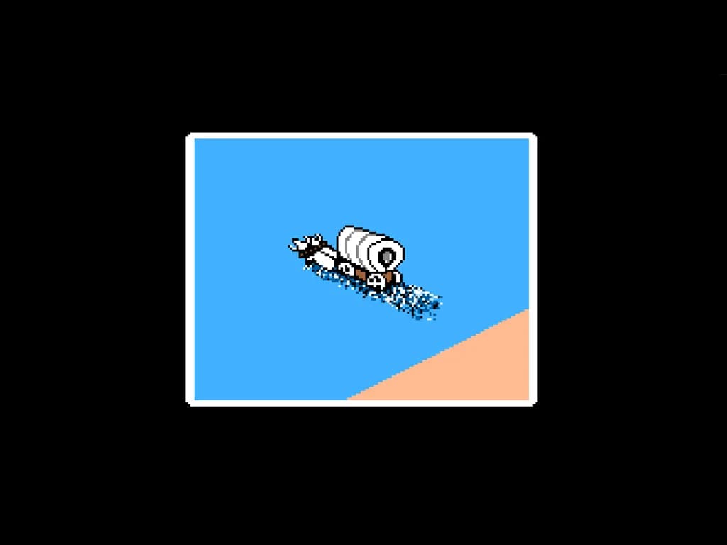 A wagon and oxen team fording a river on the Oregon Trail, water up to the wheel hubs.