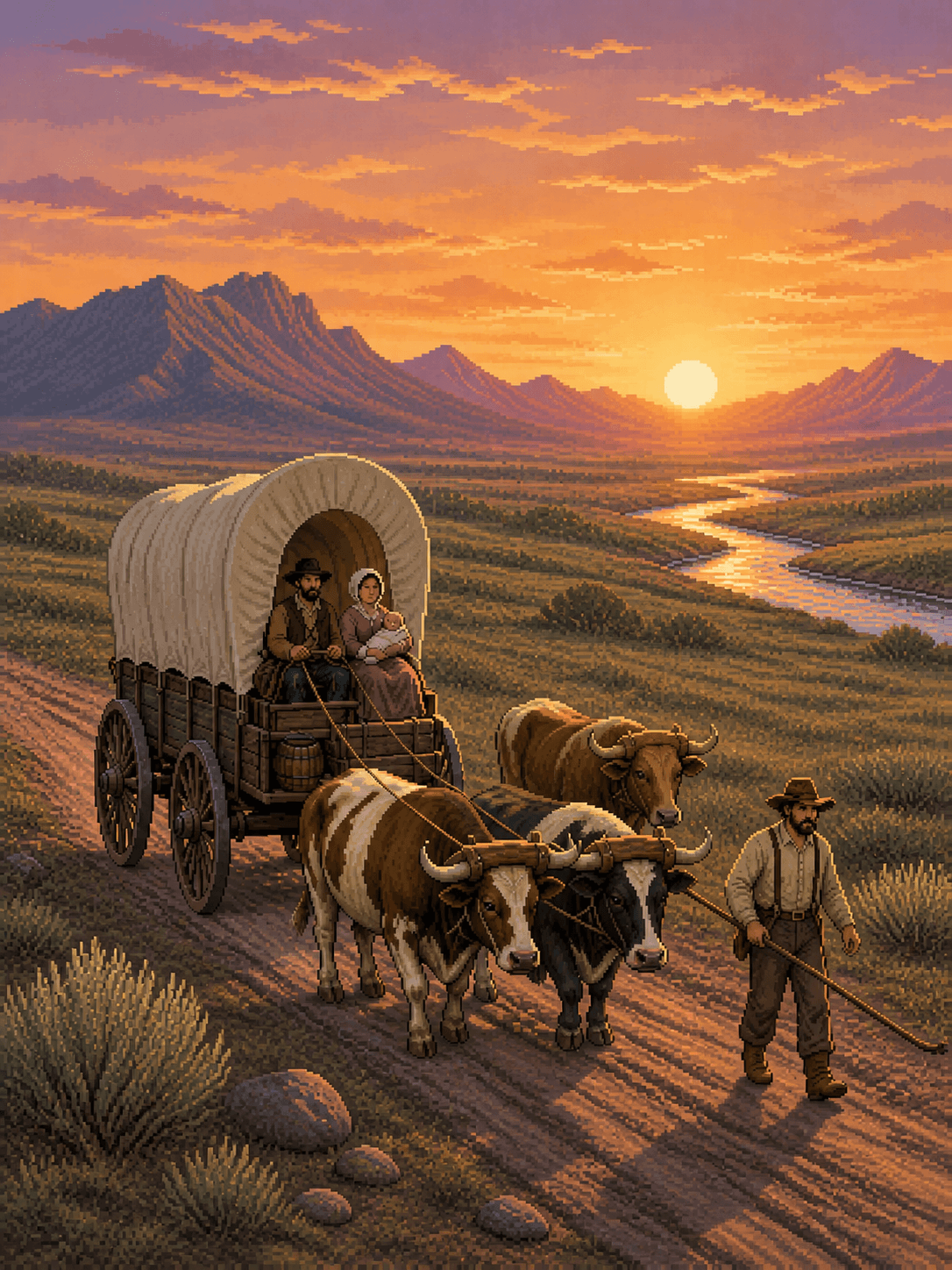 A pixel-art covered wagon drawn by oxen along a prairie trail at sunrise, distant mountains and a winding river in the background.